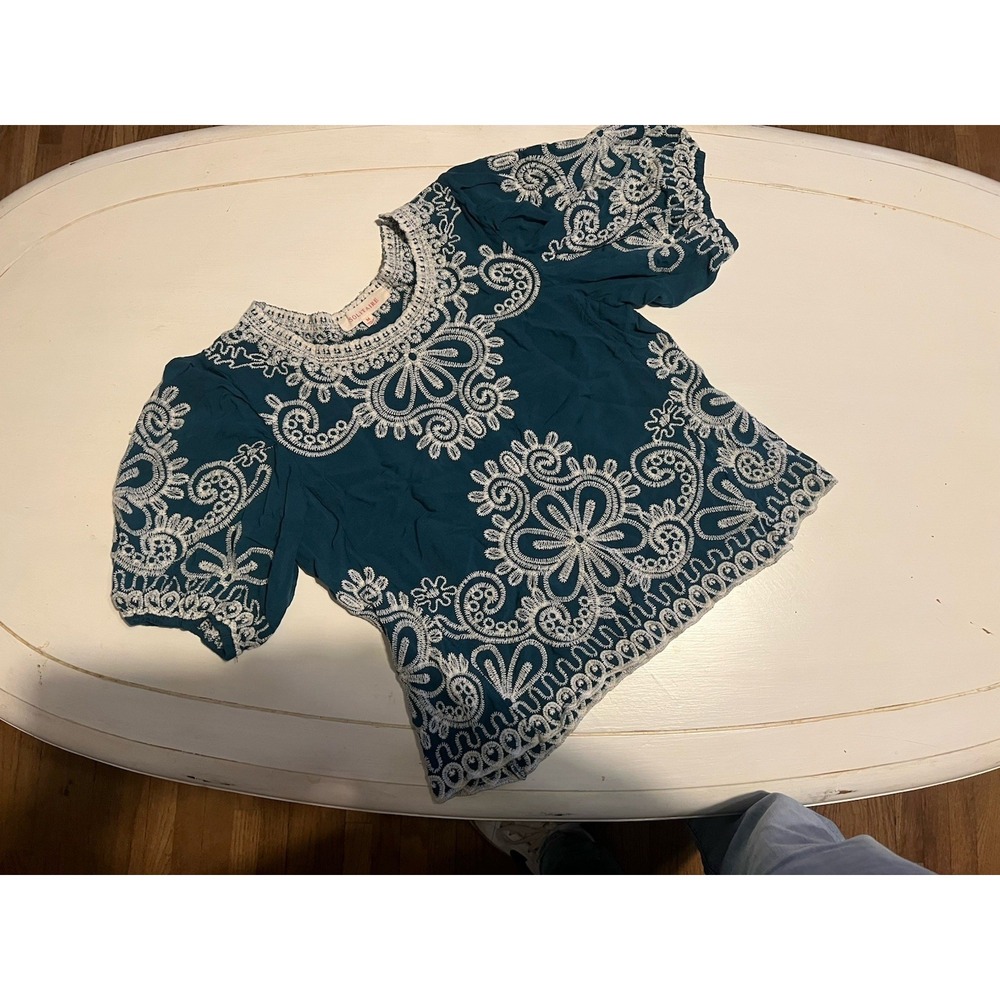 Boho Teal Embroidered Blouse Women M Floral Peasant Hippie Top Festival